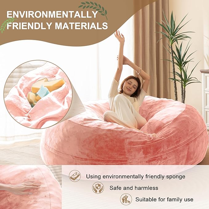 Bean Bag Chair for Adults,5FT Oversize Floor Bean Bags Offers Ample Space for Adults,Memory Foam Giant Bean Bags,Lounger Versatile Design Suits Any Room,Movie Nights,Reading (Pink, 5FT)