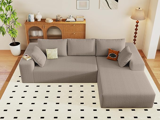 96" Modular Sectional Couch, Boneless L Shaped Cloud Sofa with Chaise Lounge, Corduroy Upholstered Couches Memory Foam Deep Seat, No Assembly Required, Ideal for Living Room(Camel, Right Facing)