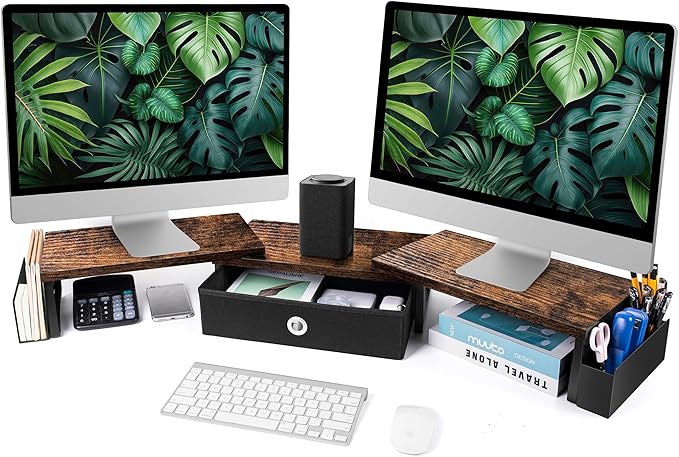Dual Monitor Stand Riser With Drawer, Office Desk Organizers and Accessories, Computer Riser for 2 Monitors, Shelf With Adjustable Length & Angle