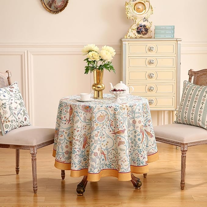 patdrea Designer Yellow French Round Tablecloth,Rustic Linen Floral Birds Table Cloth,Fall Decor Table Cover for Kitchen Dining Holiday Banquet,Christmas,Thanksgiving,Diameter 67"-Magnolia