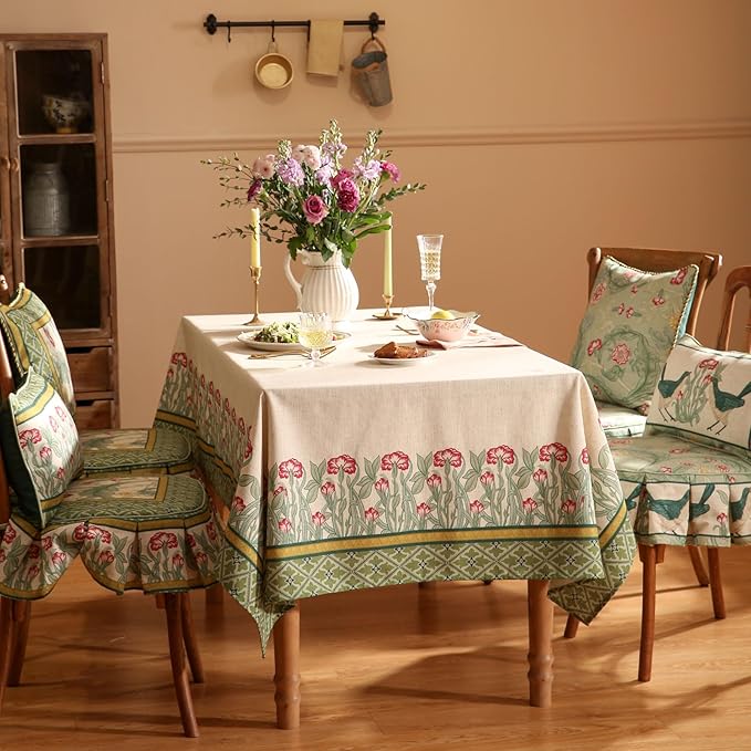 patdrea Designer Vintage Linen Long Rectangle Table Cloth,Floral Leaves Pattern Anti-Wrinkle Green Tablecloth,Decor Table Cover for Kitchen Dining Christmas,Party,Thanksgiving,55"x79"-Cecilia D