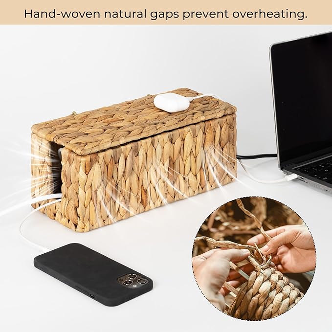 StorageWorks Cable Management Box, 2 Slots Wicker Cable Organizer to Hide Cords and Power Strip, Water Hyacinth Cord Hider Box for Home & Office