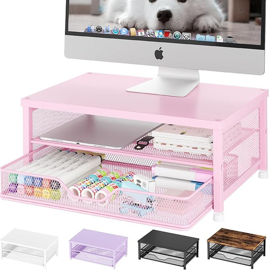 Computer Monitor Stand Riser, Desk Organizers and Accessories with Drawer, Laptop Stand, Office Desk Accessories & Workspace Desktop Organizers Storage for Office Supplies(Pink)