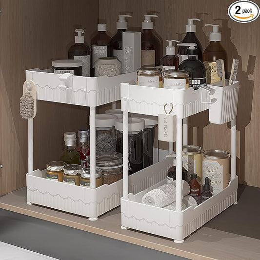 2 Pack Under Sink Organizer, Under Bathroom Cabinet Organizer with Hooks Hanging Cup, Multi-Purpose Storage Shelf for Kitchen Bathroom (White, L)