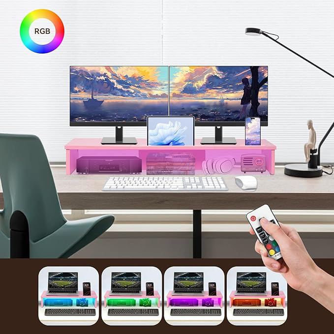 TV Riser Stand with LED Lights, 42.5in Super Large Monitor Stand with Phone Tablet Holder, Tabletop TV Stand Riser for Desk, Desktop Organizer for Computer, TV, Laptop, Printer