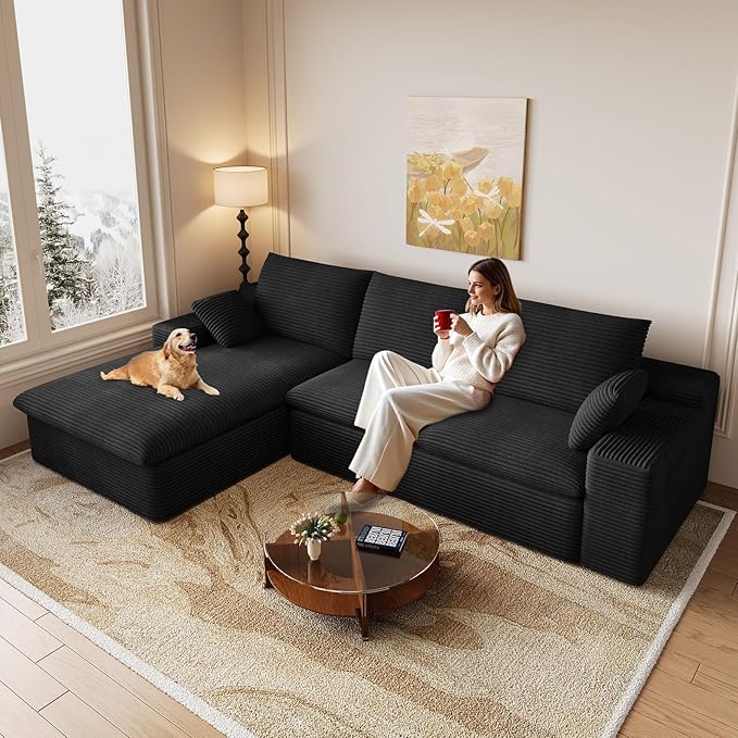 107 Inch Cloud Sectional Couch, Modern Modular Sectional Sofa with Deep Seat, Corduroy Boneless Couches with L-Shape Chaise for Living Room Bedroom, No Assembly Required (Black, Left Facing Chaise)