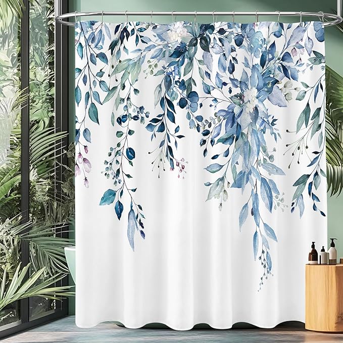 Extra Long Eucalyptus Shower Curtain 72 x 96 Inch, Blue Botanical Floor to Ceiling X-Long Shower Curtain, Watercolor Plant Leaves with Floral Decorative Bathroom Curtain with Hooks