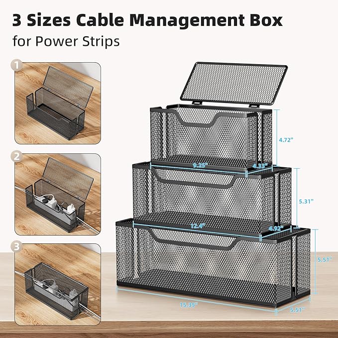 Marbrasse 3 Pack Cable Management Box, Metal Mesh Cord Organizer Box for TV Wires, Electrical Hiding, Power Strip – Under Desk Cable Storage Box with Cable Clips&Reusable Cable Ties for Home/Office