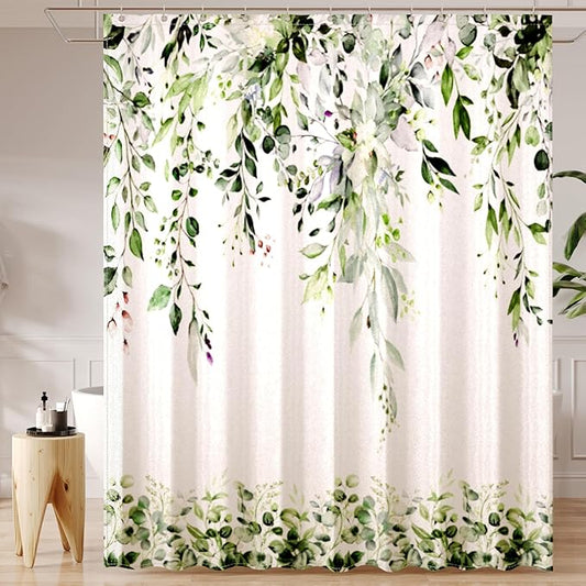 Sage Green Eucalyptus Leaves Shower Curtain for Bathroom:Aesthetic Art Watercolor Plant Shower Curtains Sets with Hooks,Waterproof Fabric Decor 72x72 inches.