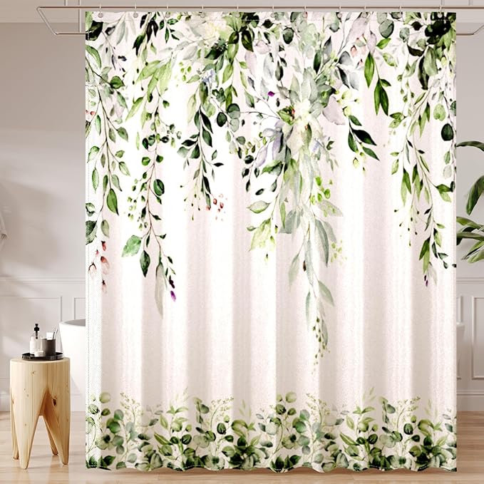 Sage Green Eucalyptus Leaves Shower Curtain for Bathroom:Aesthetic Art Watercolor Plant Shower Curtains Sets with Hooks,Waterproof Fabric Decor 72x78 inches.