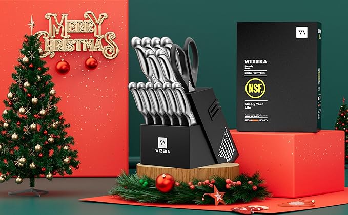 WIZEKA Kitchen Knife Set with Block: 15PCS German Stainless Steel Knife Block Set,One-Piece Design Knives Set for Kitchen, Professional Knife Set with Built-in Sharpener,Starry Sky Series