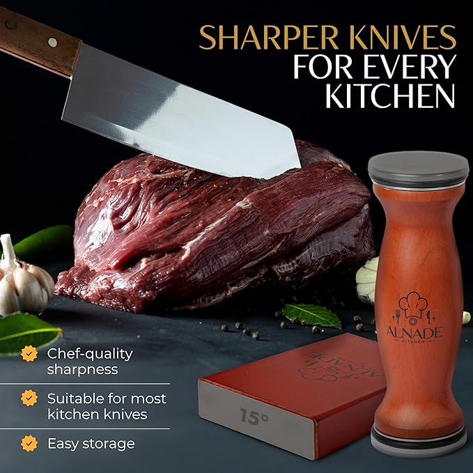Rolling Knife Sharpener – Diamond & Ceramic Wheels, Manual Kitchen Blade Sharpener with 15° & 20° Angle Guide, Magnetic Blade Support, Ergonomic Beech Wood Handle for a Comfortable, Controlled Grip