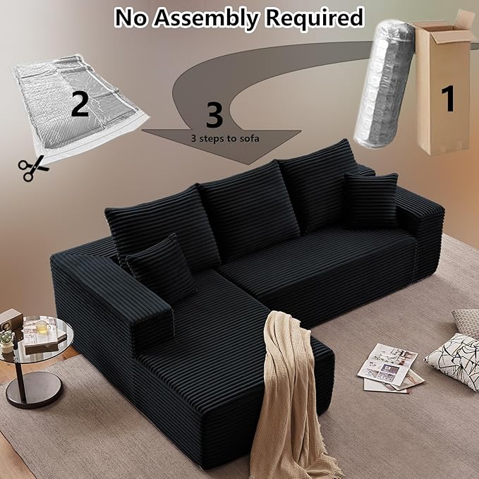 107" Modular Sectional Couches for Living Room, Comfy Boneless L Shaped Cloud Couch with Chaise Lounge, Modern Cozy Corduroy Deep Seat Floor Sofa, Memory Foam, No Assembly Required, Black