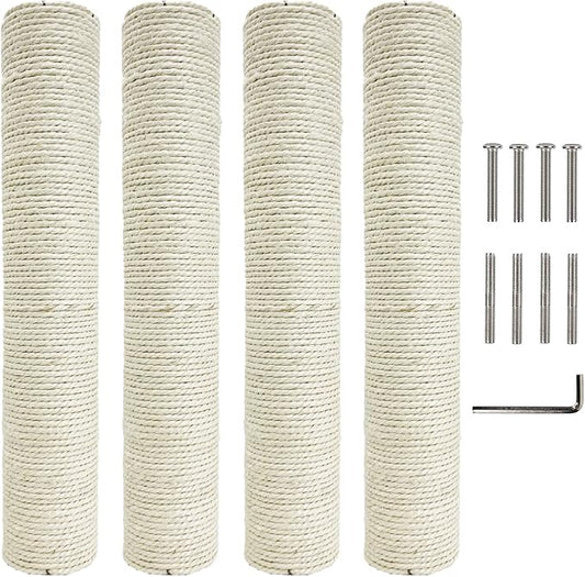 Fhiny 4PCS Cat Scratching Post Replacement 15" Natural Sisal Spare Extension Scratch Post for Cats Tree DIY Craft Refill Pole Parts Hemp Rope Scratcher Climbing Perch for Indoor Kitten White