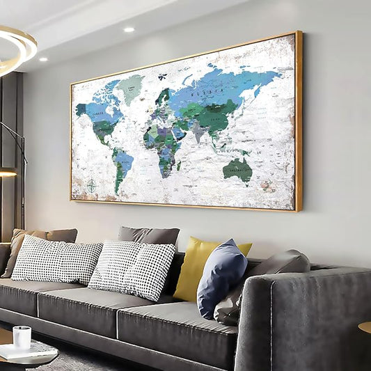 Framed Wall Art World Map Wall Art Canvas Picture 30inchx60inch Large Blue Map of The World Canvas Painting Artwork Prints for Office Wall Decor Home Living Room Decorations Framed Ready to Hang