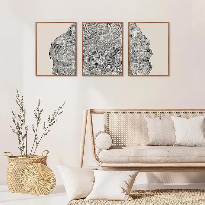 CHDITB Tree Ring Framed Canvas Wall Art Set Of 3,Abstract wood texture Artwork Modern Nature Wall Decor, Neutral Wall Painting,Vintage Wood Ring Art Prints For Bedroom Living Room Decor(12X16 Inch)