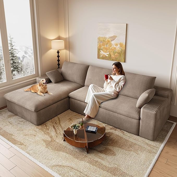 107 Inch Cloud Sectional Couch, Modern Modular Sectional Sofa with Deep Seat, Corduroy Boneless Couches with L-Shape Chaise for Living Room Bedroom, No Assembly Required (Camel, Left Facing Chaise)