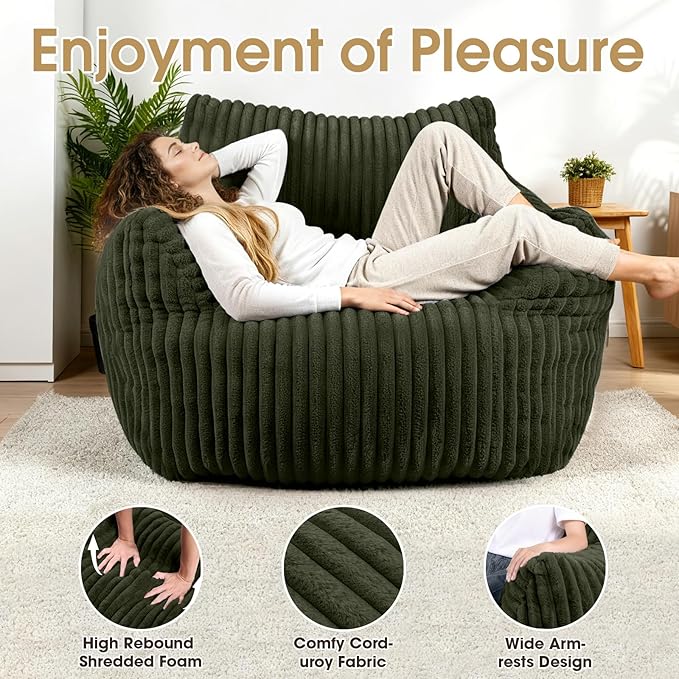 Giant Bean Bag Chair, Oversized Plush Comfy Bean Bag Sofa for Adults and Kids with Armrests, Memory Foam Mini Couch Single Lounges for Living Room, Bedroom & Game Room(Green)