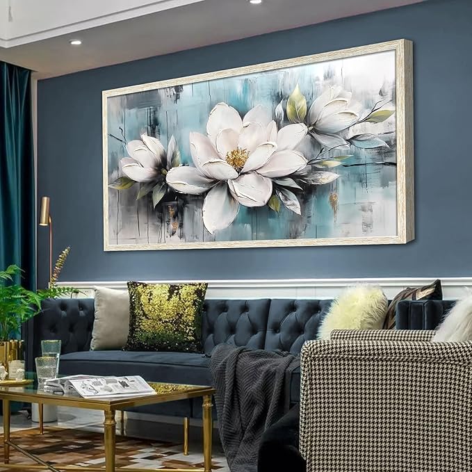 Ardemy Magnolia Wall Art Framed Large Canvas Wall Decor Living Room, White Floral Pictures Wall Decor Teal Paintings FlowerTextured Artwork for Bedroom Dining Room Home Office, 48"x24"