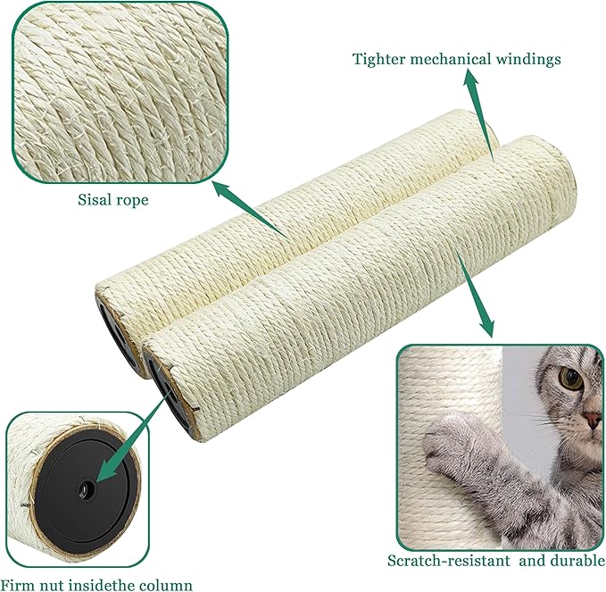Cat Tree Replacement Post, 2 Pack 9.84in (Connectable to 19.7in/50cm) Cat Scratching Post with M8 Screws, Natural Sisal Cat Tower Parts for Cat Tree Repair