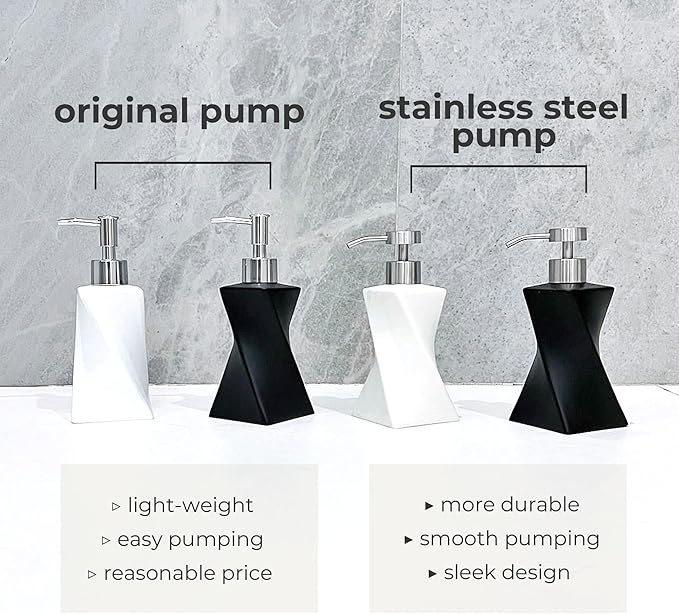 Modern White Twisted Soap Dispenser with Stainless Steel Pump for Bathroom and Kitchen, Contemporary Art Style, Matte Finish, Geometric Design, 8.5oz (Arctic White)