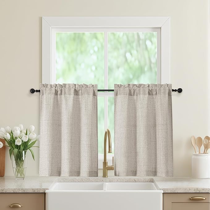 Linen Kitchen Curtains 30 Inch Length 2 Panels, Light Filtering Farmhouse Linen Textured Small Short Curtains Over Sink, Half Curtain Tiers for Cabinet Bathroom Cafe Basement, 30Wx30L Inch