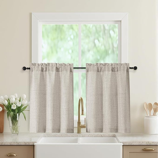 Linen Kitchen Curtains 30 Inch Length 2 Panels, Light Filtering Farmhouse Linen Textured Small Short Curtains Over Sink, Half Curtain Tiers for Cabinet Bathroom Cafe Basement, 30Wx30L Inch
