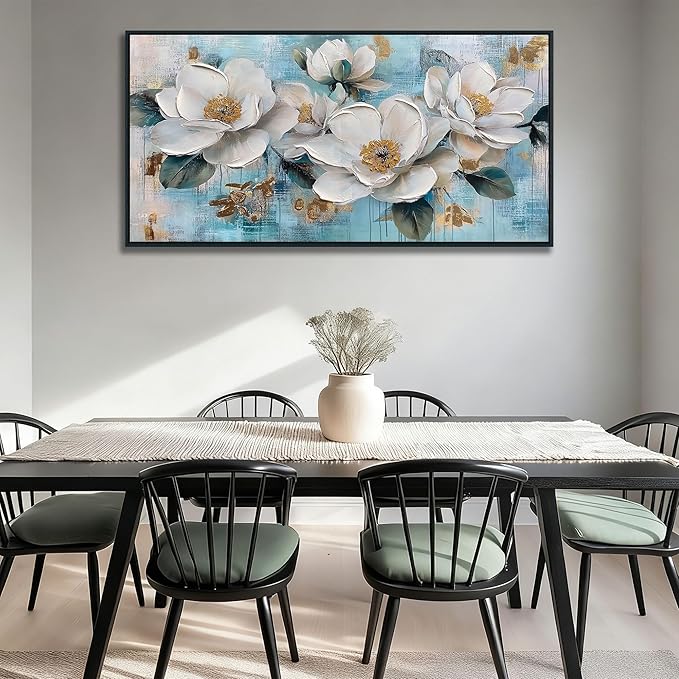 Ardemy White Floral Wall Art, Framed Teal Canvas Wall Art For Living Room Large Magnolia Pictures Wall Decor Flower Paintings Artwork for Walls Dining Room Bedroom Home Office 40"x20"