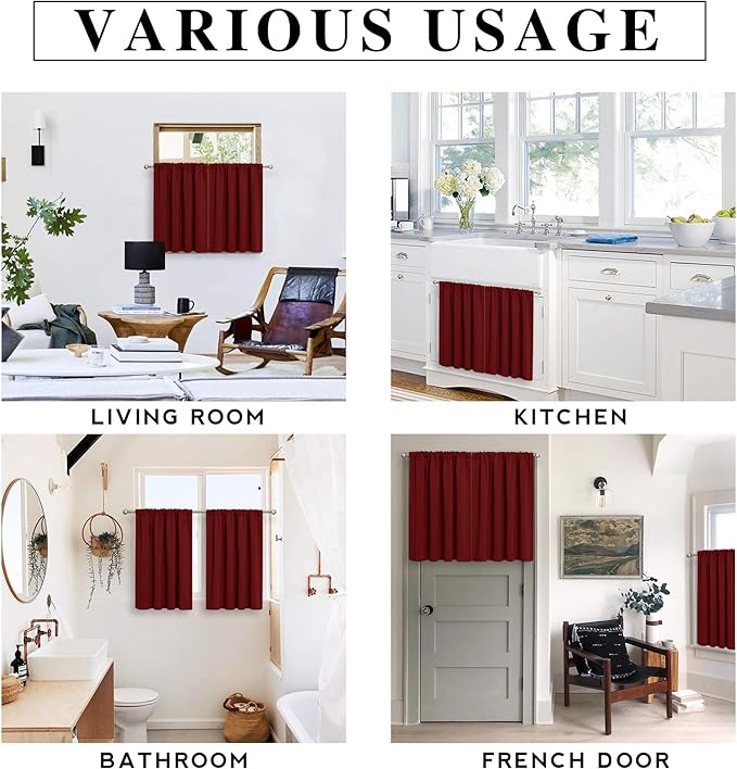 RYB HOME Kitchen Curtains 45 inch Length 2 Panels Set, Privacy Assured Drapes Room Darkening Small Window Treatment for Cafe Bathroom, W29 x L45 inch, Burgundy Red