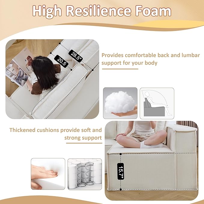 108'' Comfy Chenille Boneless Couch, Oversized Modular Sectional 4 Seater Sofa, Modern Deep Seat Corner Cloud Compressed Couch, No Assembly Sleeper Sofa with Chaise for Living Room, Beige