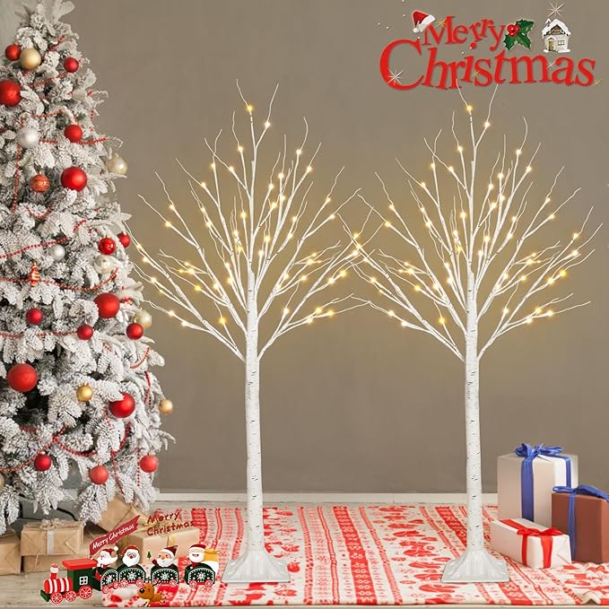 1-Pack 4FT Lighted Birch Tree (Higher & Floor Standing), Birch Christmas Tree for Indoor & Outdoor, Warm White 96 LED Birch Tree Lights for Outdoor Christmas Decorations Indoor Home Thanksgiving