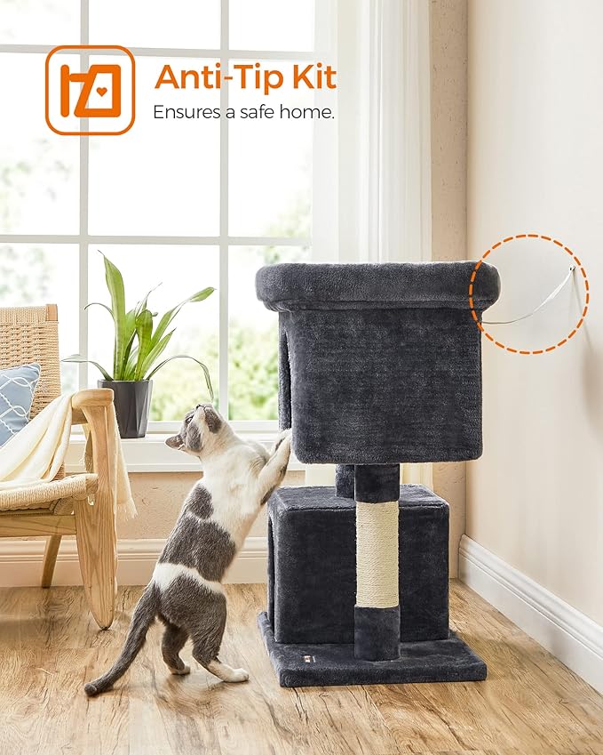 Feandrea Cat Tree, 33.1-Inch Cat Tower, L, Cat Condo for Large Cats up to 16 lb, Large Cat Perch, 2 Cat Caves, Scratching Post, Smoky Gray UPCT61G