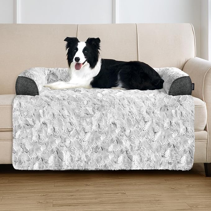 Calming Large Dog Bed for Couch, 41 x 37 inch Removable Couch Cover for Dogs Washable, Non-Slip Fluffy Plush Dog Sofa Mat for Furniture Protector - Grey