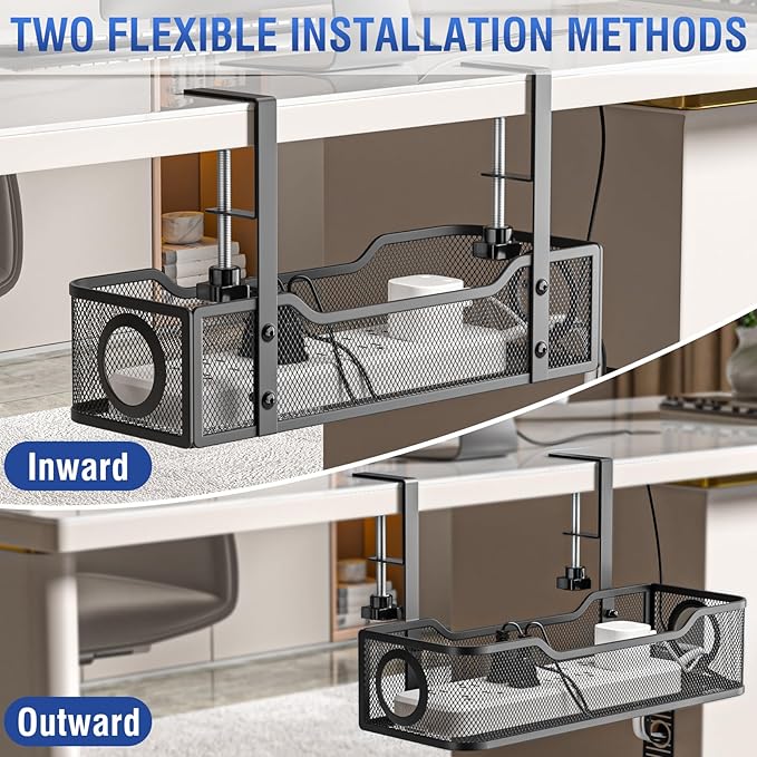 Under Desk Cable Management Tray - GZOKMOG No Drill Cord Organizer with Clamp, Workspace Organizers for Cords, Metal Mesh Wire Management for Home and Office, 2 Pack Black, 13.38 inch