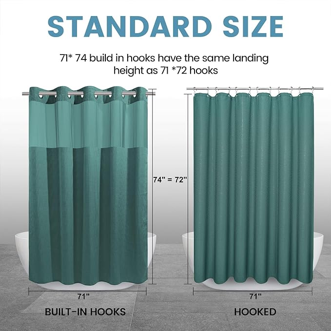 Seaweed Green No Hook Shower Curtain with Snap in Liner,230GSM Waffle Weave Shower Curtains for Bathroom,71W x 74H