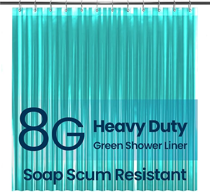 LiBa Bathroom Shower Curtain Premium PEVA Non-Toxic, Green Clear Waterproof Plastic Shower Curtain Liner with Rust Proof Grommets 8G Bathroom Accessories 72x72