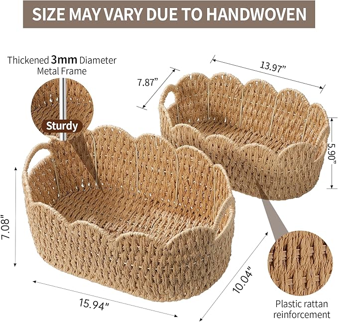Paper Rope Scalloped Basket Set of 2,Woven Storage Baskets for Shelves,Laundry,Towels,Clothes,Books,Toys,Cute Decor Baskets for Organizing,Natural Color