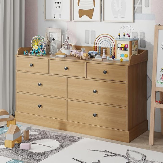 Vabches Kids Dresser Cabinet with 7 Drawers, Changing Table for Nursery, White Chest of Drawers, Baby Dresser, Kids Bedroom Furniture, Nightstand for Child’s Room,Oak