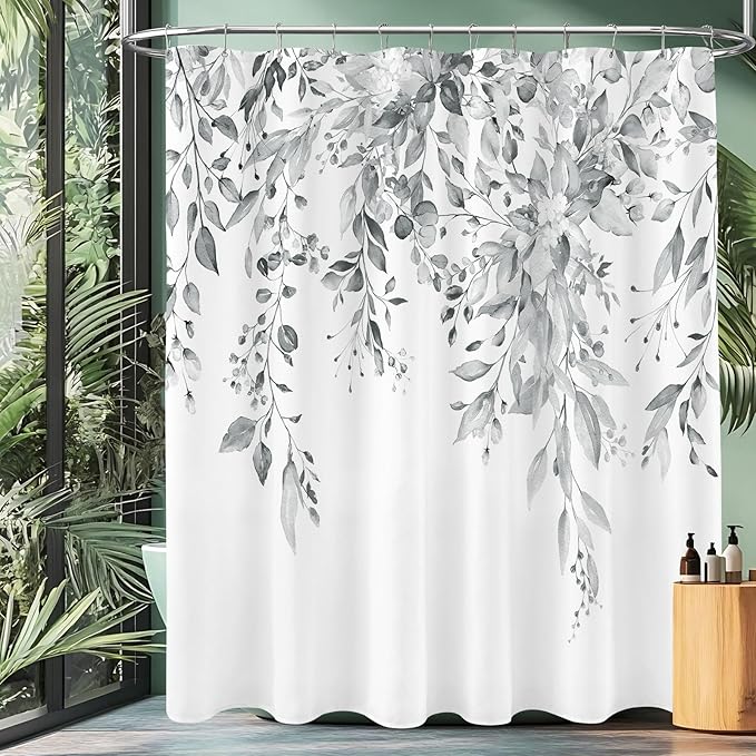 Extra Long Eucalyptus Shower Curtain 72 x 96 Inch, Grey Botanical Floor to Ceiling X-Long Shower Curtain, Watercolor Plant Leaves with Floral Decorative Bathroom Curtain with Hooks