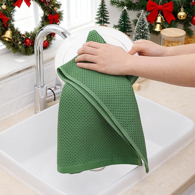 Homaxy 100% Cotton Waffle Weave Kitchen Dish Towels, Ultra Soft Absorbent Quick Drying Cleaning Towel, 13 x 28 Inches, 4-Pack, Grass Green