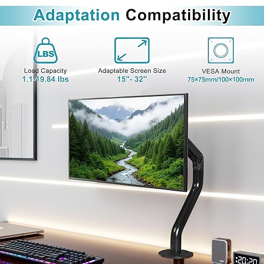 Lyngins Monitor Desk for 15 to 27 Inch Screens Computer Monitor Stand for Desk, VESA Mounting Holes 75 and 100mm, Stand Up to 26.4lbs Monitor Wall Mount, (Black, Single+Dual)