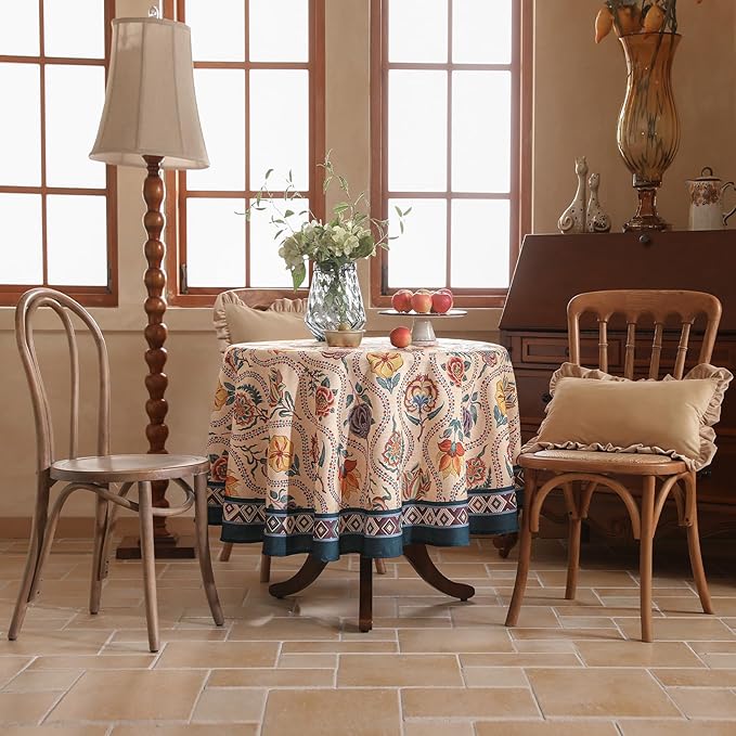Vintage French Round Tablecloth,Linen Extra Long Tablecloth with Rose and Cornflower Pattern,Decorative Table Cover for Kitchen,Dining,Thanksgiving,Christmas,Party,Diameter 55"-Lanae