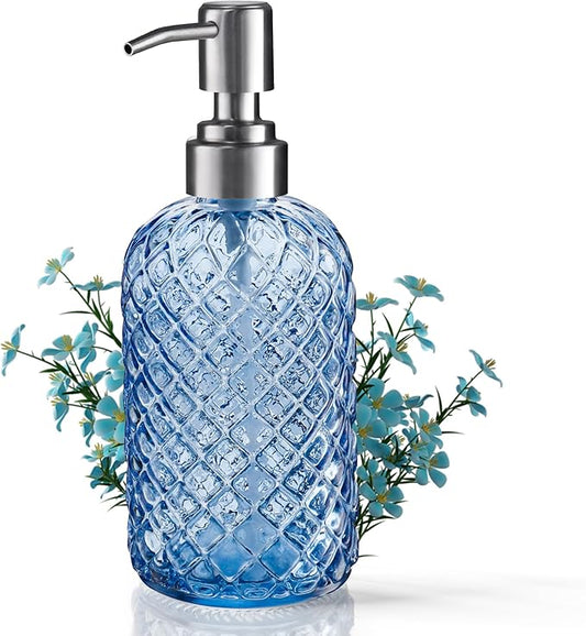 14 Oz Refillable Glass Soap Dispenser with Rust Proof Stainless Steel Pump, for Dispense Hand soap, Body wash, Lotion (Blue)