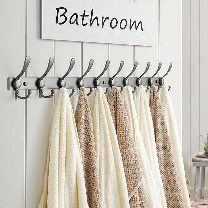 Dseap MaxStrong 2.0 Coat Rack Wall - 37” Long 10 Tri Hooks - Ultra Heavy-Duty Stainless Steel Wall Mount Coat Hanger, Hook Rail for Clothes Hats Jacket Towels Grey, Pack of 2