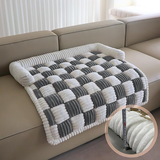 Couch Covers for Dogs and Cats, Fuzzy Dog Sofa bed with Cream Square Plaid, Plush Pet Couch Cover Bed, Thickened Quilted Furniture Protector Mat for Large Medium Pets (Dark Grey 35.43"*35.43")