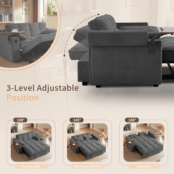 65'' 3-in-1 Folding Convertible Sofa Bed, Queen Size Pullout Sofa, Modern Chenille Fabric, 360° Swivel Side Table, Easy Assembly, Perfect for Living Room