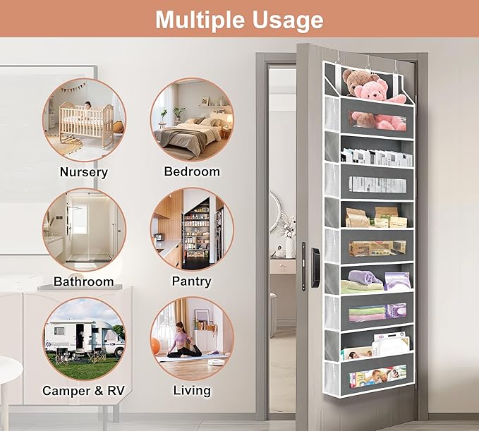 2 Packs 5-Tier Over The Door Organizer with 10 Side Mesh Pockets, 48 lbs Load Capacity, 3 Hooks Design, Hanging Organizer with Clear Windows for Bathroom, Bedroom, Nursery, Kitchen-Grey