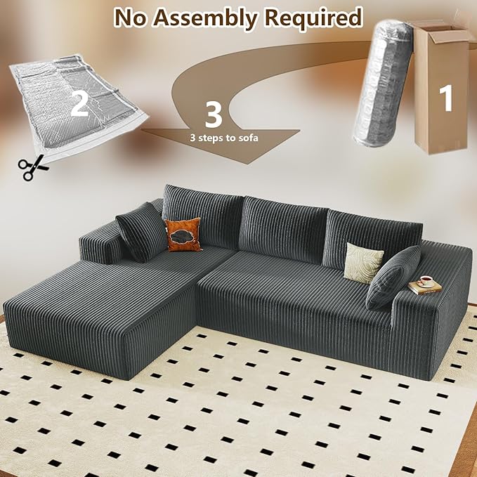 96" Modular Sectional Couch, Boneless L Shaped Cloud Sofa with Chaise Lounge, Corduroy Upholstered Couches Memory Foam Deep Seat, No Assembly Required, Ideal for Living Room(Dark Gray, Left Facing)