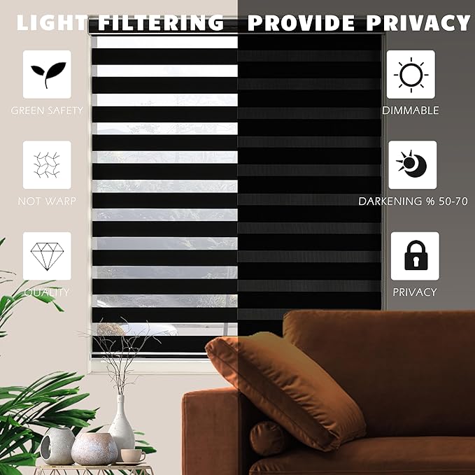 Blackout Zebra Blinds, Dual Layer Free-Stop, Room Darkening Zebra Shades, Blinds for Indoor Windows, Light Filtering Privacy Sheer Shade for Home(71" W X 72" H, Black)