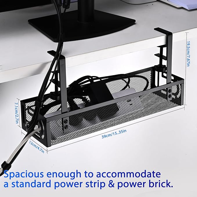 Under Desk Cable Management Tray Small – Clamp-Mounted Wire Organizer & Cord Management Under Desk Rack, No-Drill Metal Cable Organizer for Home Office (Black)